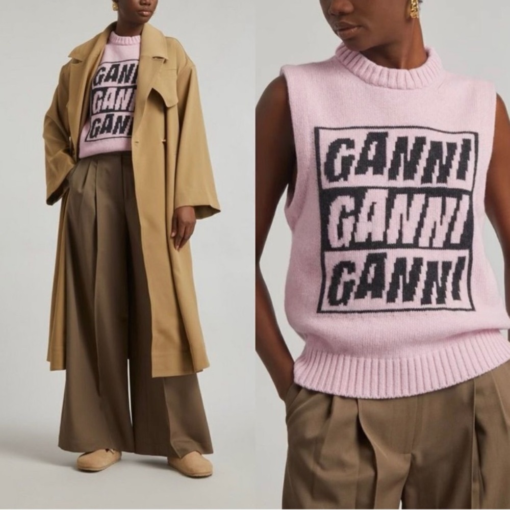 Ganni Pink Wool Graphic Sweater Vest
